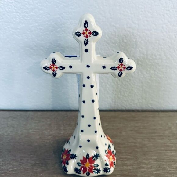Boleslawiec Polish Pottery Poinsettia Ceramic Cross Christmas Statue - Picture 1 of 4